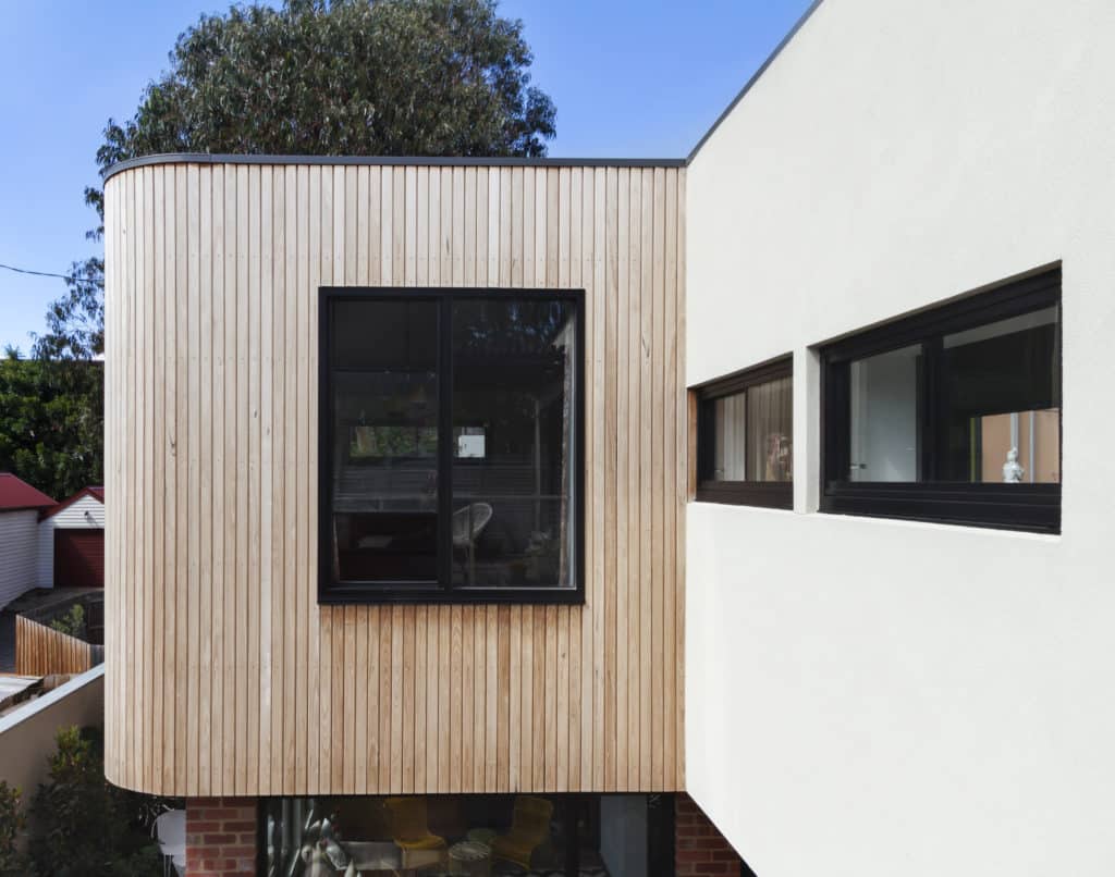 Close up of timber cladding slats on exterior renovation